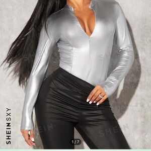 SHEIN SXY Plunging Neck PU Leather Bodysuit. New